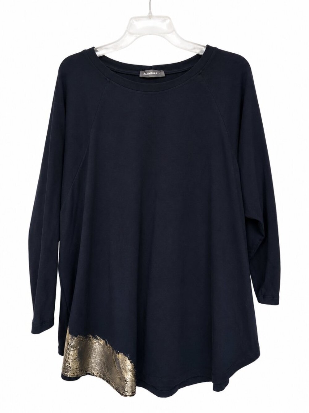 Alembika Size 7 Black Tunic Top Metallic Art Print Lagenlook Oversized US 18